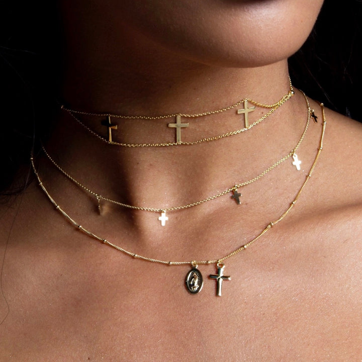 14K Gold 3 Cross Choker, LLGC-029