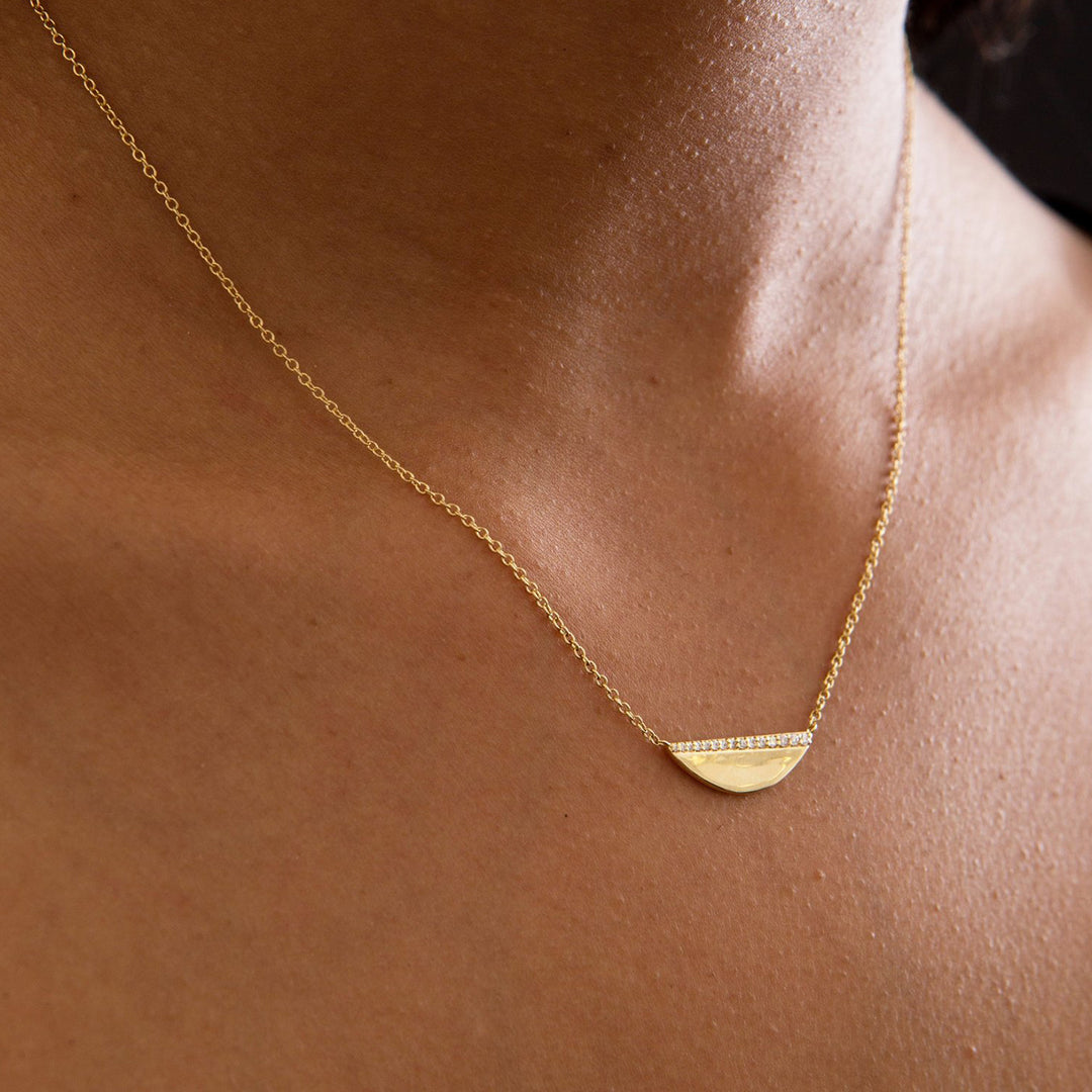 18k Solid Yellow Gold Diamond Arch Pendant Necklace