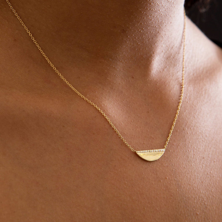 18k Solid Yellow Gold Diamond Arch Pendant Necklace