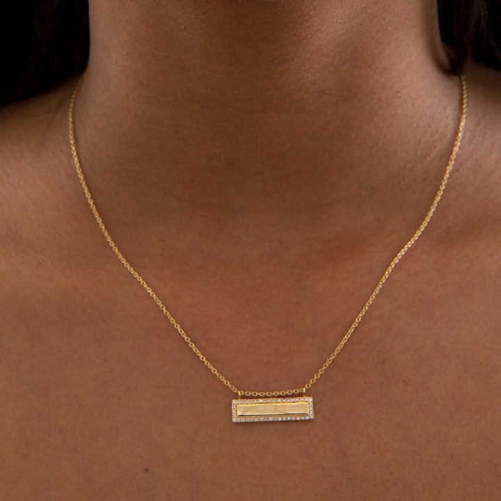 18K Solid Yellow Gold Diamond Bar Necklace Pendant