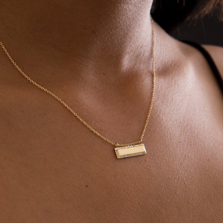 18K Solid Yellow Gold Diamond Bar Necklace Pendant