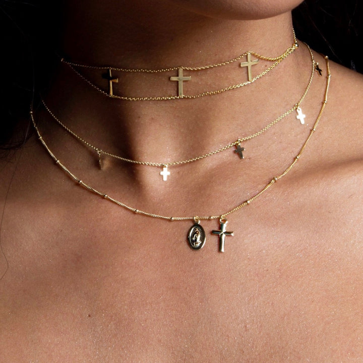 14K Gold Multi Mini Cross Choker Necklace, LLGC-033